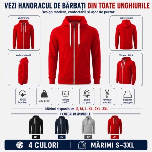 Hanorac bărbătesc cu fermoar 452 Voyage, 100% bumbac, 320 g/m², glugă cu șnur, buzunar marsupiu, 4 culori, mărimi S–3XL - Img 6