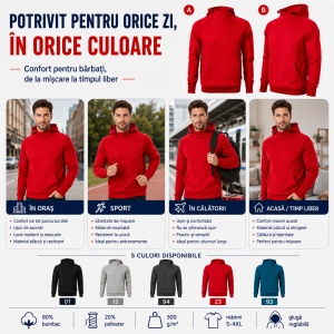 Hanorac Bărbați Vertex Hoodie W43, Glugă Reglabilă, 300 g/m², 5 Culori, S–4XL - Img 7