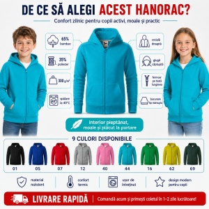 Hanorac Copii Băiat sau Fată cu Fermoar și Glugă – 65% Bumbac, Interior Pieptănat, 300 g/m² | 6–12 Ani - Img 2
