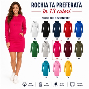 Hanorac Lung Tip Rochie Damă cu Glugă și Buzunar Marsupiu Malfini 419 Snap – 320 g/m²