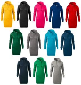Hanorac tip rochie de dama în diferite culori, inclusiv galben, negru, roz, albastru, roșu, verde, gri și turcoaz, prezentate într-un aranjament de grilă