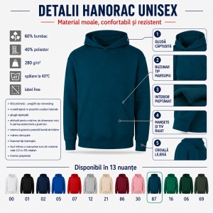 Hanorac Unisex Damă și Bărbați cu Glugă – 60% Bumbac, Interior Pieptănat, 280 g/m², XS–4XL - Img 3