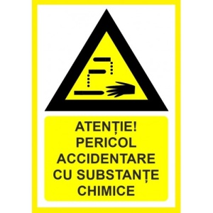 Indicator Atentie pericol accidentare cu substante chimice, Sticker autocolant