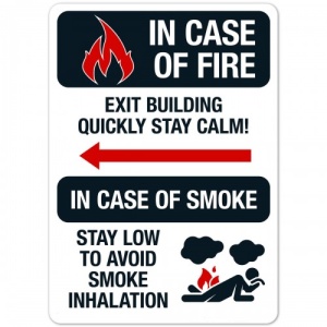 Indicator In case of fire exit building quickly stay calm sign, Sticker autocolant