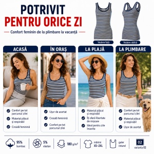 Maieu Top Damă Marinăresc cu Dungi Alb, tricou fără mâneci -Albastru Marin – Malfini 806 Sailor, 95% Bumbac, Slim Fit - Img 7