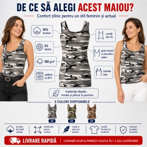 Maiou damă Malfini Camo Triumph C36, top camuflaj slim fit, 95% bumbac, XS–2XL, 3 nuanțe - Img 2