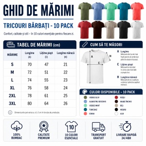 Set 10 Tricouri Bărbați 100% Bumbac Extra Calitate – Khaki, Albastru Deschis, Verde Mentă, Albastru Petrol, Coral, Roșu, Negru, Gri Ardezie, Gri Ice și Alb - Img 3