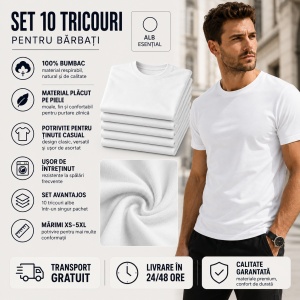 Set 10 Tricouri Bărbați Albe 100% Bumbac – Simple, Clasice, XS-5XL | Transport Gratuit - Img 2