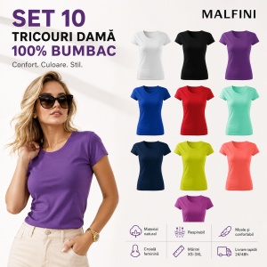 Set 10 Tricouri Damă 100% Bumbac – Multicolor, Alb, Negru, Purpuriu, Albastru Regal, Roșu, Verde Mentă, Midnight Blue, Lime, Coral și Violet | Transport Gratuit - Img 7
