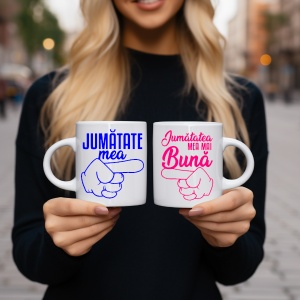 Set 2 cani albe personalizate pentru cupluri Jumatatea mea mai buna !