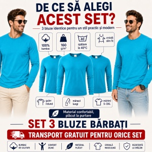 Set 3 Bluze Bărbați 100% Bumbac, Mâneci Lungi, Slim Fit, 160 g/m², Aceeași Culoare, 14 Culori Disponibile, Mărimi S–3XL - Img 7