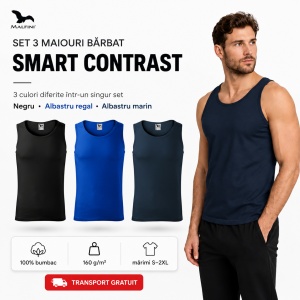 Set 3 Maiouri Bărbat Smart Contrast, Negru, Albastru Regal și Albastru Marin, 100% Bumbac, Maieu Sport și Casual, Tricou Fără Mâneci, Mărimi S–2XL - Img 5