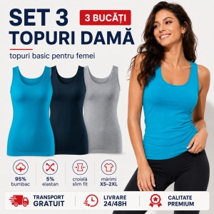 Set 3 Maiouri Damă Tip Top din Bumbac – Turcoaz, Albastru Marin și Gri | Tricouri Fără Mâneci pentru Femei - Img 4