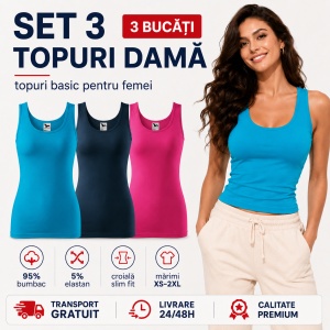Set 3 Maiouri Damă Tip Top din Bumbac cu Elastan – Tricouri Fără Mâneci, Turcoaz, Albastru Marin și Purpuriu | XS-2XL - Img 7