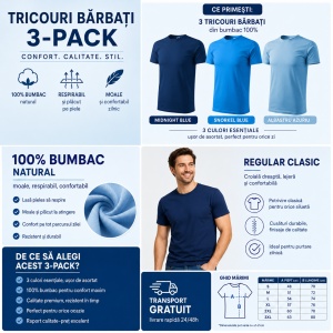 Set 3 Tricouri Bărbați 100% Bumbac – Albastru Închis, Snorkel Blue și Azuriu S - 3XL - Img 2