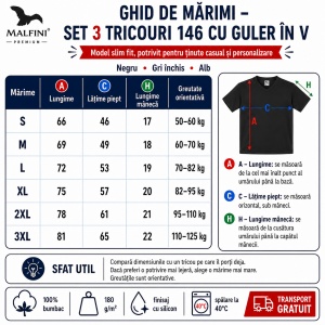 Set 3 Tricouri Bărbați 100% Bumbac cu Guler V-Neck – Alb, Negru și Gri | Model 102 | Transport Gratuit - Img 4