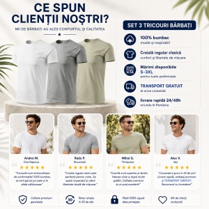 Set 3 Tricouri Bărbați 100% Bumbac Regular Clasic – Alb, Gri Închis și Kaki Deschis | S-3XL - Img 9
