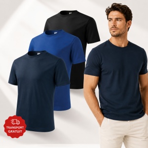 Set 3 Tricouri Bărbați 100% Bumbac Regular Clasic – Albastru Marin, Albastru Regal și Negru | S-3XL