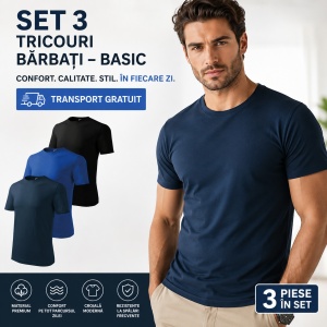 Set 3 Tricouri Bărbați 100% Bumbac Regular Clasic – Albastru Marin, Albastru Regal și Negru | S-3XL - Img 11