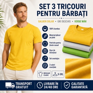 Set 3 Tricouri Bărbați 100% Bumbac Regular Clasic – Galben, Gri Deschis și Verde Mar | S-3XL - Img 9