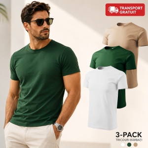 Set 3 Tricouri Bărbați 100% Bumbac Regular Clasic – Nisip, Verde Sticlă și Alb | S-3XL