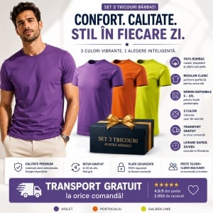 Set 3 Tricouri Bărbați 100% Bumbac Regular Clasic – Violet, Portocaliu și Galben Lime | S-3XL - Img 10