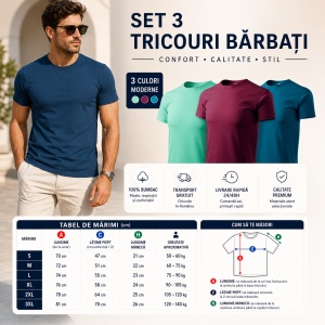 Set 3 Tricouri Bărbați 100% Bumbac Regular Fit – Albastru Petrol, Vișiniu, Verde Mentă | S-3XL - Img 10