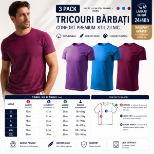 Set 3 Tricouri Bărbați 100% Bumbac Regular Fit – Violet, Blue Snorkel, Vișiniu - Img 10