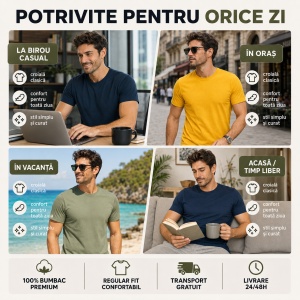 Set 3 Tricouri Bărbați din bumbac 100%, Malfini Elegant Casual – Galben, Kaki, Bleumarin - Img 9