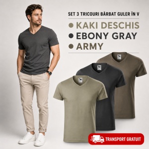 Set 3 Tricouri Bărbați Malfini 146 cu Guler în V, Premium, 100% Bumbac, Slim Fit, Ebony Gray, Army și Kaki Deschis, Mărimi S–3XL