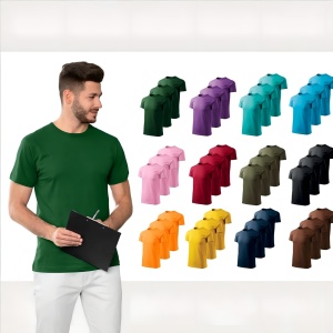 Barbat imbracat in tricou de culoare verde prezentand setul de 3 tricouri si culorile disponibile albastru, army, cafea, coral, lamaie, gri, portocaliu, rosu, roz, turcoaz, violet