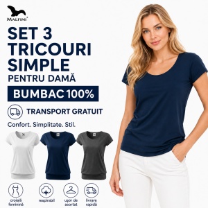 Set 3 tricouri bumbac 100%, cu banda aplicata jos elegant casual pentru femei 120 - Alb Gri Albastru Marin - Img 5