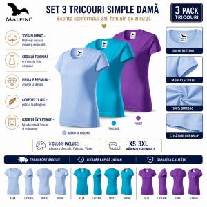 Set 3 Tricouri Damă 100% Bumbac – Casual Clasic, Albastru Deschis, Turcoaz și Violet | Transport Gratuit - Img 2