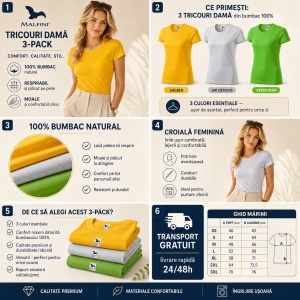Set 3 Tricouri Damă 100% Bumbac – Casual Clasic, Galben, Gri Deschis și Verde Măr | Transport Gratuit - Img 4