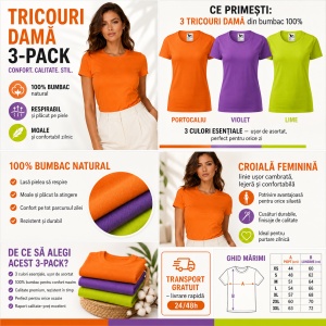Set 3 Tricouri Damă 100% Bumbac – Casual Clasic, Portocaliu, Violet și Lime | Transport Gratuit - Img 2