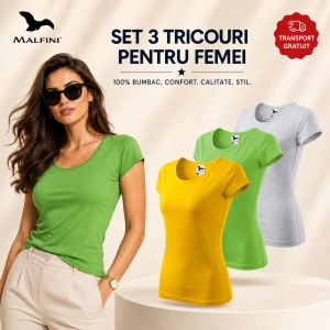 Set 3 Tricouri Damă 100% Bumbac – Elegant Casual cu Decolteu, Galben, Gri și Verde Măr | Transport Gratuit | Model 122
