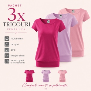 Set 3 Tricouri Damă cu Bandă Jos, 100% Bumbac – Purpuriu, Orchid și Roz - Img 4