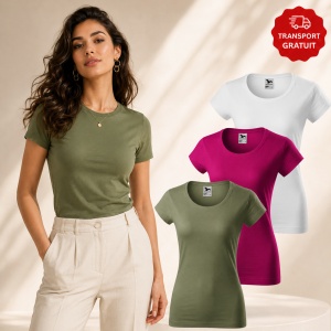 Set 3 tricouri damă din bumbac 100% – Viper 161, Khaki, Roșu Fucsie și Alb, croială feminină