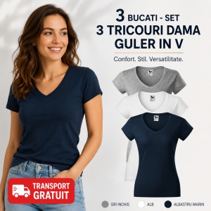 Set 3 tricouri dama guler in V slim fit cu decolteu albastru marin, gri inchis, alb v-neck 162 - Img 6