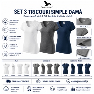 Set 3 tricouri damă Malfini 128 Dream, decolteu în V, 95% bumbac, alb, gri închis, albastru marin - Img 2