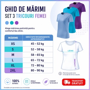 Set 3 tricouri dama simple bumbac 100%, casual clasic pentru femei multicolor, albastru deschis, turcoaz, violet 133 - Img 4