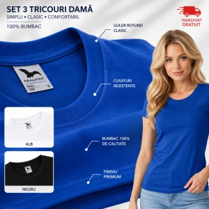 Set 3 tricouri dama simple bumbac 100%, casual clasic pentru femei multicolor, alb,negru, albastru regal 134 - Img 8