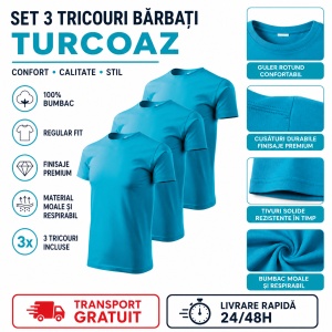 Set 3 tricouri din bumbac 100%, pentru barbati Basic Classic, Malfini, Turcoaz - Img 10
