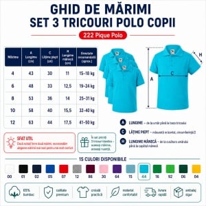 Set 3 tricouri polo copii, fete și băieți, 65% bumbac, 200 g/mp, aceeași culoare - Img 4
