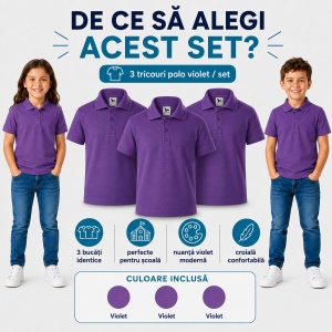 Set 3 tricouri Polo Copii - Violet din bumbac pentru copii Pique Polo Violet - Img 2