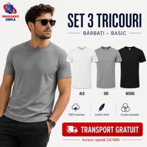 Set 3 tricouri simple, bumbac 100% Calitate clasic pentru barbati, alb, negru, gri 132