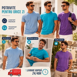 Set 3 tricouri simple clasice barbati, albastru deschis, trucuaz, violet - Img 8