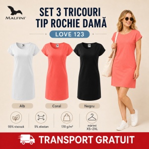 Set 3 Tricouri Tip Rochie Damă Malfini Love 123 – Alb, Coral și Negru