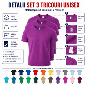 Set 3 tricouri unisex damă și bărbat, 100% bumbac, aceeași culoare, 22 nuanțe disponibile - Img 3
