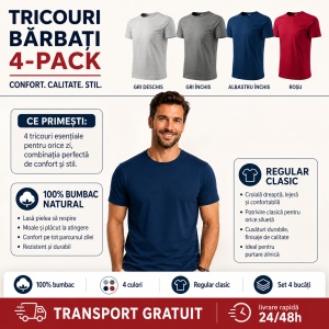 Set 4 Tricouri Bărbați 100% Bumbac Basic – Alb, Gri Închis, Albastru Închis și Gri Deschis | S-3XL - Img 4